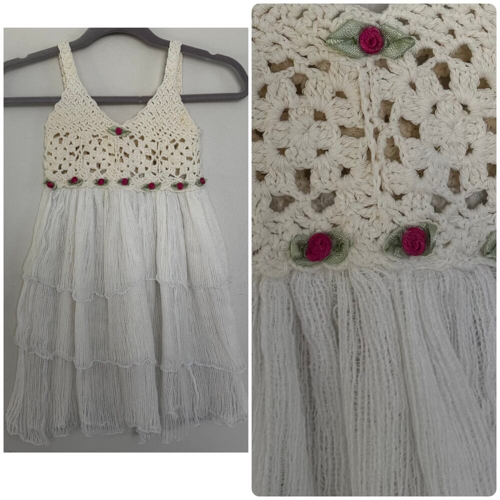 One-of-a-Kind Hand Crafted Crochet Bodice Boho Dress with Tiered Ruffle Skirt
